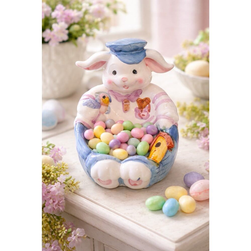 Vintage Easter Bunny Candy Dish Bowl WCL Ceramic Rabbit Birdhouse
